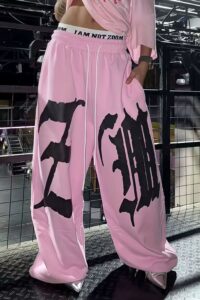 Drapey Letter Graphic Drawcord Curved Sweat Pants