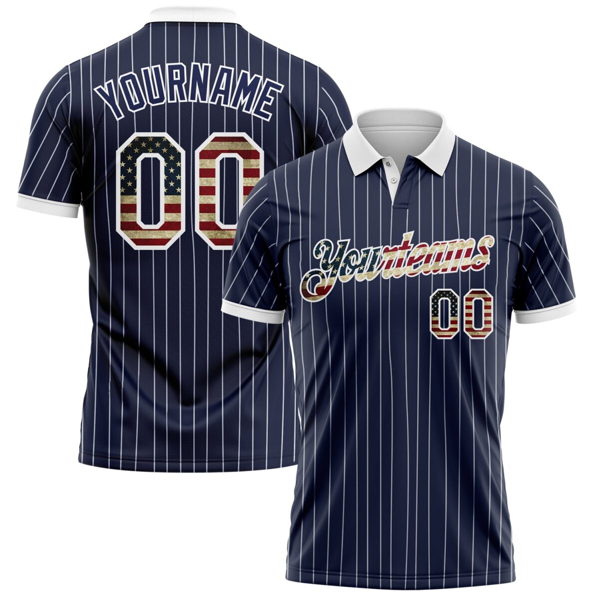 Custom Navy White Pinstripe-Vintage USA Flag Performance Polo Shirt