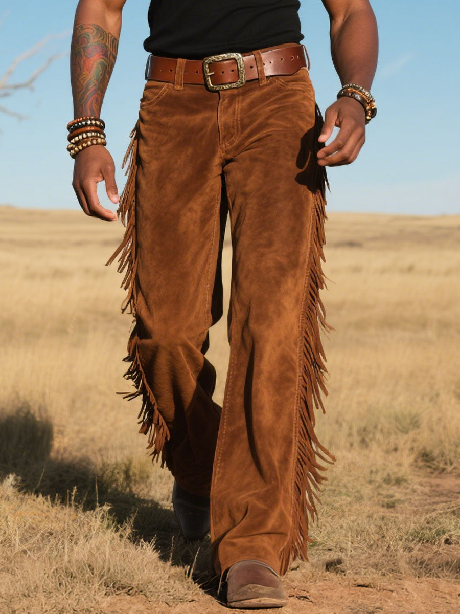 Mens Vintage Suede Tassel Western Style Pants
